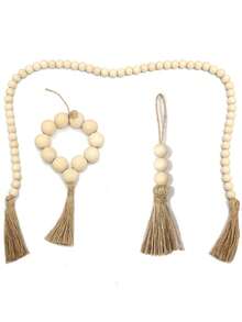 1件木珠花环，配以黄麻流苏 - 优雅的米色和奶油色设计，适用于家居装饰、节日餐桌摆设和季节性庆祝活动 - 非常适合冬季、新年和DIY珠宝配件、节日派对装饰|优雅的流苏设计|天然木珠饰品、家居装饰、客厅配件