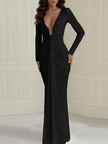 纯色V领优雅荷叶边鱼尾正式晚礼服 黑色 春季 - 黑色 - 查看 10