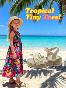 Children's Shoes On , Kids Ruffle High Heel Sandals, Elastic Strap Design For Better Fit, Woven Texture, Soft Non-Slip Soles - Beige - View 1