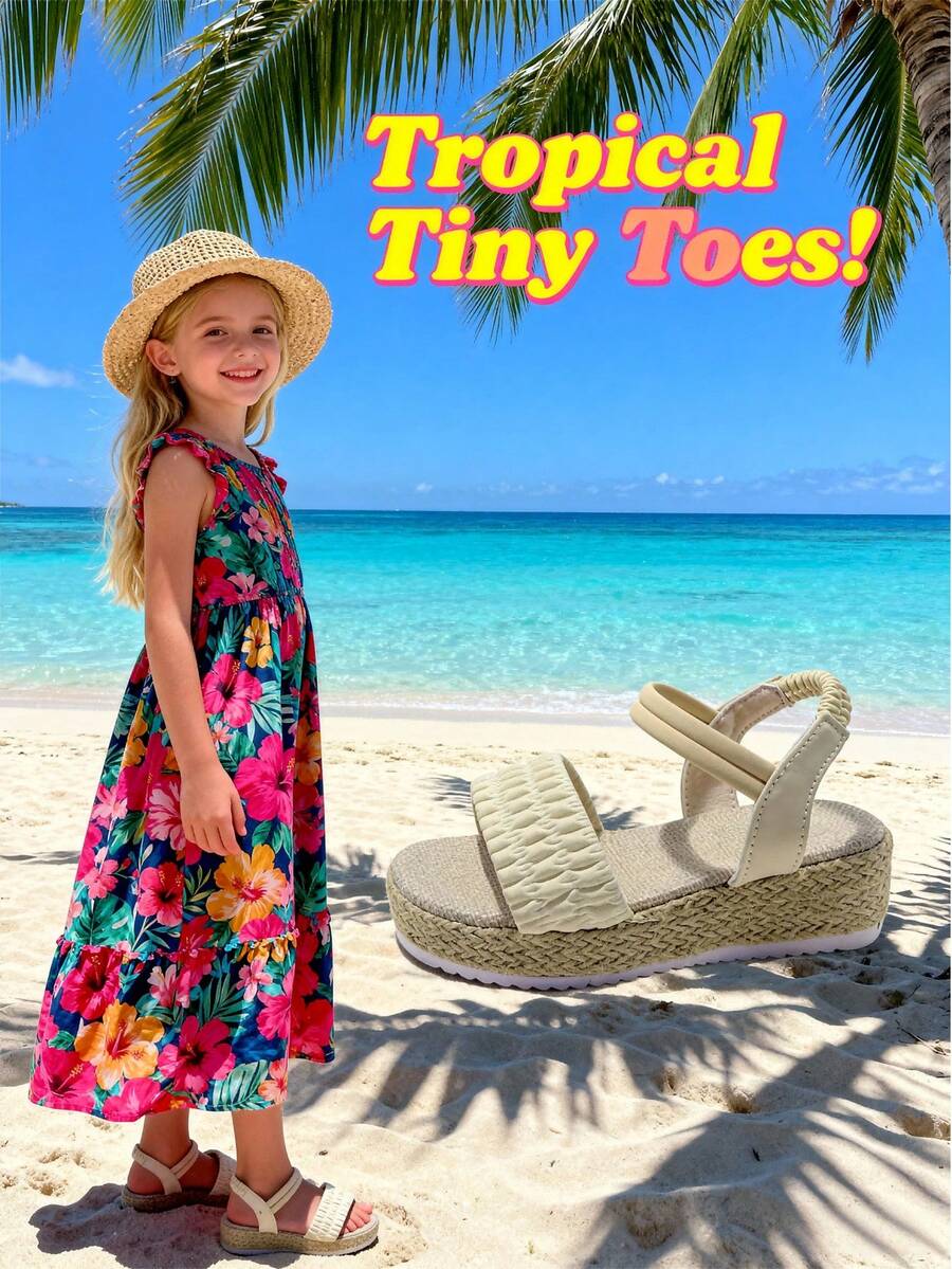 Children's Shoes On , Kids Ruffle High Heel Sandals, Elastic Strap Design For Better Fit, Woven Texture, Soft Non-Slip Soles - Beige - View 1