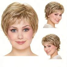 Peruca Pixie Curta Loira Elegante com Franja - Peruca Sintética Realista Resistente ao Calor para Mulheres Brancas, Uso Diário, Touca Rosa, Penteado Liso, Acessório de Cabelo Estiloso | Corte de Cabelo Elegante | Fibra Resistente ao Calor, Peruca de Cabelo Curto