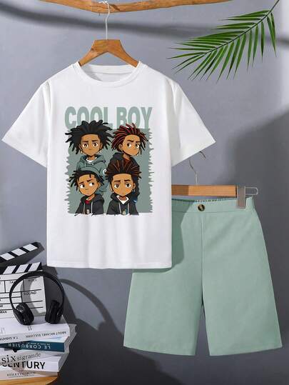 男童休闲卡通印花短袖上衣短裤套装（2件套），适合通勤、上学、日常休闲、运动、春夏、派对等场合。