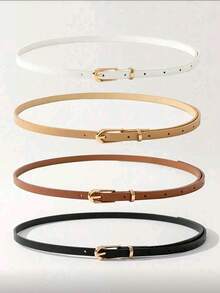 1/4件套女士经典PU皮革细腰带套装 - 纯色方形扣可调节腰带，适合裤装、连衣裙、日常休闲、办公室派对等场合，是衣橱必备配饰。 - 金扣100 - 查看 5