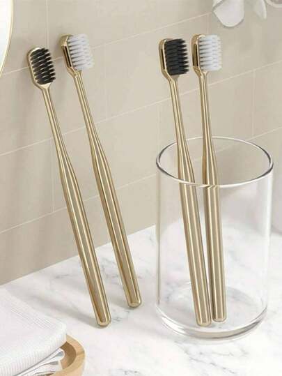 2pcs 19.7cm Gold Handle ABS Random Color Soft Bristle Toothbrush For Home And Outdoor Travel