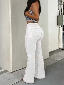 GILIPUR Nuevos jeans acampanados retro Y2K blancos para mujer, de talle alto, ajuste delgado y elástico, elegantes y de moda, estilo casual de calle, vintage para invierno y primavera, también un regalo ideal para el Día de San Valentín y Año Nuevo. Apariencia sofisticada pero casual, perfecta para eventos formales, cenas informales y conciertos. - Blanco - Ver 3
