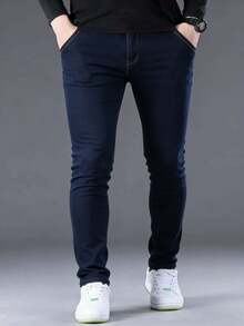 Nuevo 2025, Ropa masculina de alta calidad, azul, azul claro, azul oscuro, cintura media recta, pantalones vaqueros ajustados elásticos, ocio diario, reuniones de negocios, viajes de negocios, se puede usar en todas las estaciones, armarios necesarios, temperamento atmosférico - Azul lavado oscuro - Ver 3