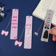 可爱少女风不锈钢金属书签，饰有粉色蝴蝶结和卡通女孩图案，并印有爱书人士语录和装饰链吊坠，是送给女性读者、学生和书虫的理想礼物。