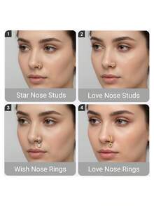 14K Gold Nose Rings Nose Studs - L Shaped Stars/Love/Bow/Crown/Heart Dangling Nose Rings Studs CZ Stud Ring Pendant Piercing Jewelry Gift For Women Men