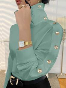 Women's Solid Color Side Button Asymmetric Collar Fashion Shirt