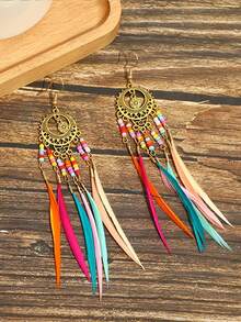 Vintage Hollow Out Long Feather Earrings, Colorful Beaded Tassel Earrings - Natural Feathers - View 3