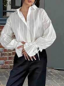 French Jacquard Collar Blouse, Loose Fit Bell Sleeve White Shirt For Commuting, Spring/Autumn - White - View 7