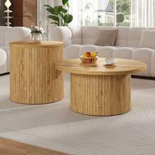 Coffee Table, Double Round Table, Side Table With Natural Wood Slats. Multifunctional Living Room Table - Natural Color - View 4