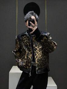 New Autumn And Winter Styles, Street Style, Patchwork, PU Leather, Starry Sky, American Style, Retro, High-End, Leopard Print, Handsome, Men's Jacket, Men's Coat, Couple Style - 豹紋色 - 查看 4