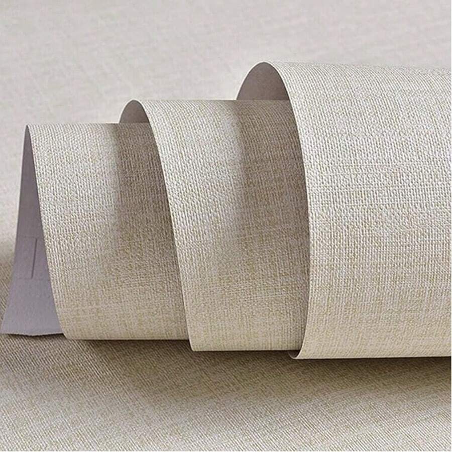 1卷自粘墙纸，米色布纹图案，易撕易贴，防水可移除，适用于客厅、厨房、卧室、宿舍、家具翻新，装饰性乙烯基墙纸 - 米色 - 查看 1