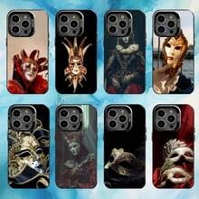 Funda de Teléfono de Mascarada Veneciana para 17, 16, 15, 14, 13, 12, 11 Plus, Pro Max, Color Negro con Interior Plateado - z7 - Ver 1