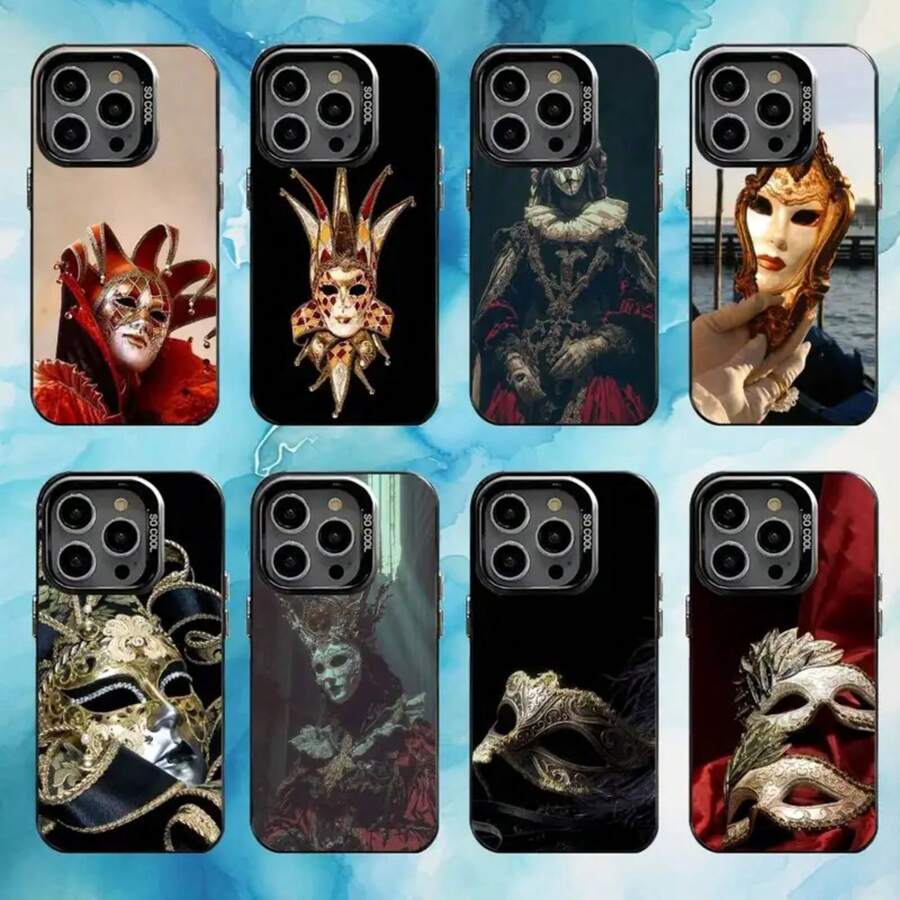Funda de Teléfono de Mascarada Veneciana para 17, 16, 15, 14, 13, 12, 11 Plus, Pro Max, Color Negro con Interior Plateado - z7 - Ver 1