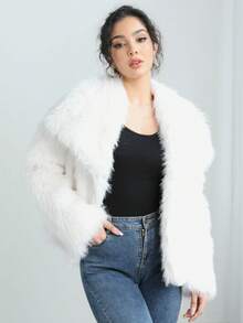 Faux Fur Fluffy Warm Long Sleeve Autumn/Winter Jacket - White - View 5