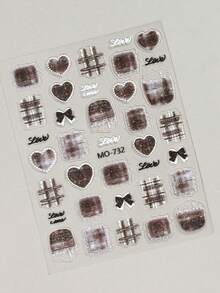 棕色经典格子蝴蝶结美甲贴纸 - 高级多功能心形蝴蝶结美甲贴纸，秋冬款