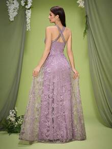 Vestido de cena con abertura y gran vuelo, bordado con encaje y luces LED de perspectiva - Lila Púrpura - Ver 2