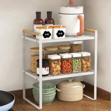 4 款可选木柄收纳架 - 单/双层铁艺整理架，适用于厨房、客厅、阳台，可放置零食、植物，多功能置物架/桌面架，墙角收纳架（随机黑/白） - 彩色 - 查看 2