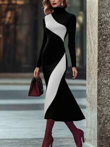 一件装女士优雅高领针织长袖连衣裙，撞色设计，百搭实用，适合办公室、日常穿着、新年派对、节日庆典等场合。 - 黑與白 - 查看 1