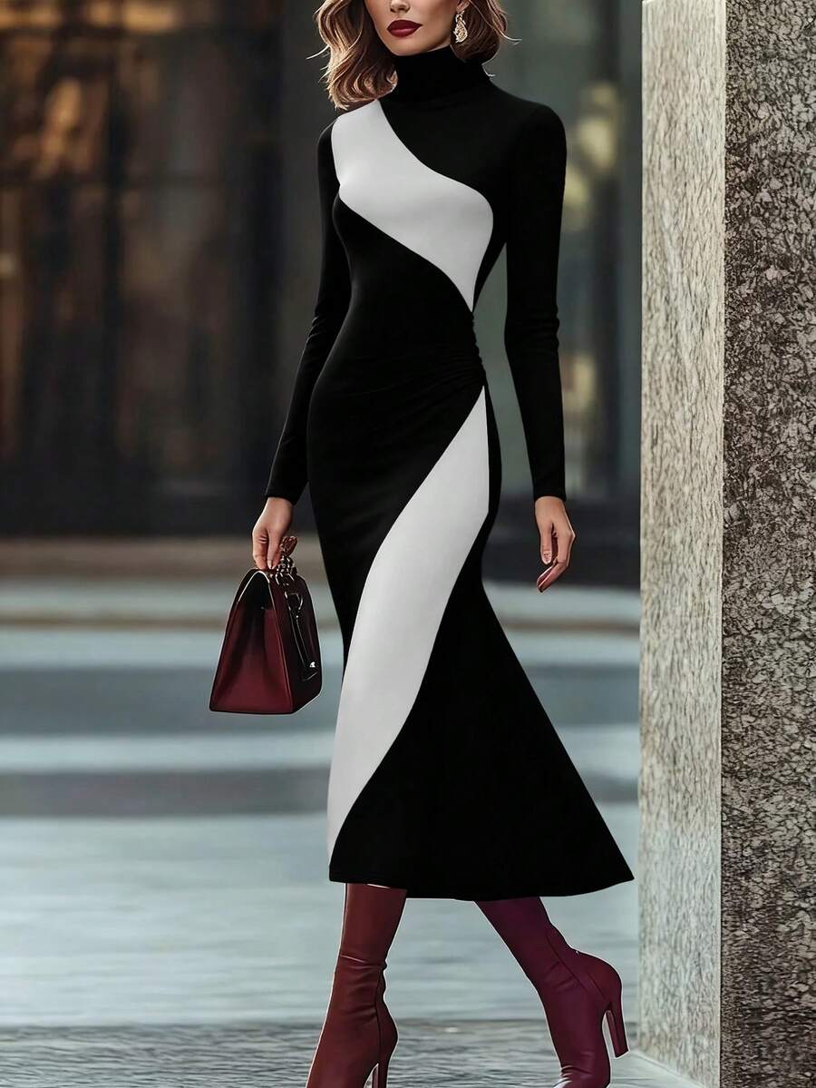 一件装女士优雅高领针织长袖连衣裙，撞色设计，百搭实用，适合办公室、日常穿着、新年派对、节日庆典等场合。 - 黑與白 - 查看 1