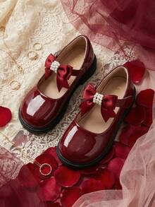 Girls' Mary Jane Shoes, Burgundy Patent Leather Pearl Bow, Soft Bottom Flat Shoes, Cute Princess Style For Toddler & Little Kid - Burgundy - View 1