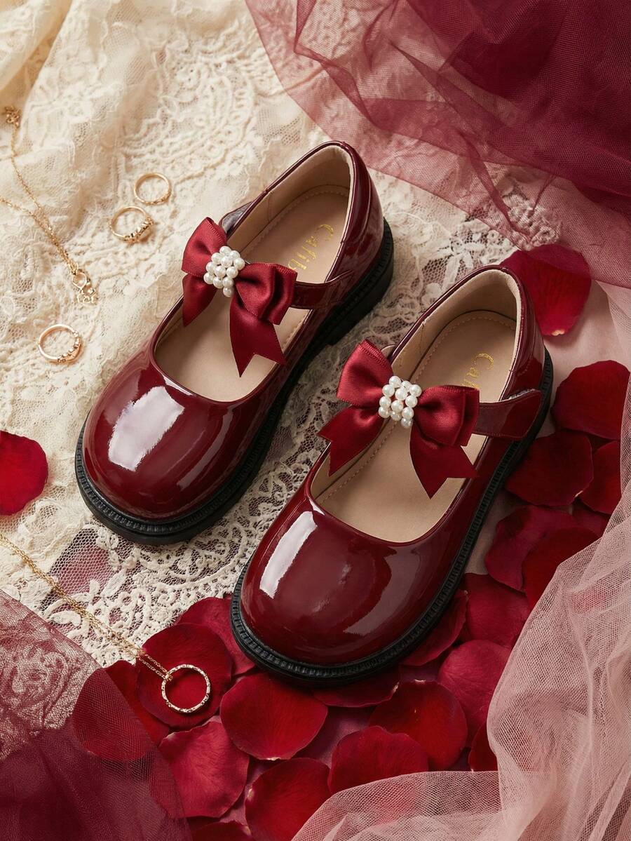 Girls' Mary Jane Shoes, Burgundy Patent Leather Pearl Bow, Soft Bottom Flat Shoes, Cute Princess Style For Toddler & Little Kid - Burgundy - View 1
