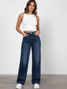 Calça Jeans Wide Leg Feminina Lavagem Escura Cintura Alta Design Contemporâneo Perna Ampla Estilo Sofisticado Tecido Premium Confortável Caimento Estruturado Look Moderno Moda Feminina Atual Versátil Para Combinar Com Diferentes Estilos Peça Essencial Para Quem Busca Elegância Conforto e Qualidade