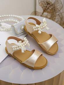Kids' Pearl & Bow Satin Sandals: Elegant Flat Open-Toe Shoes For Wedding Parties & Daily Wear" - Gold - View 2