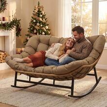 Double Rocking Chair, Oversized Egg Rocking Chairs For 2 Person, Large Wide Papasan Loveseat With Cushion And Frame, Comfort Outdoor Furniture For Reading/Relaxing Patio Garden Backyard Brown - màu nâu - Xem 3