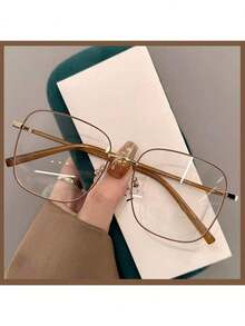 1副超大方形实心金属眼镜框，适合派对、休闲外出，韩式极简纤细设计，女士配饰
