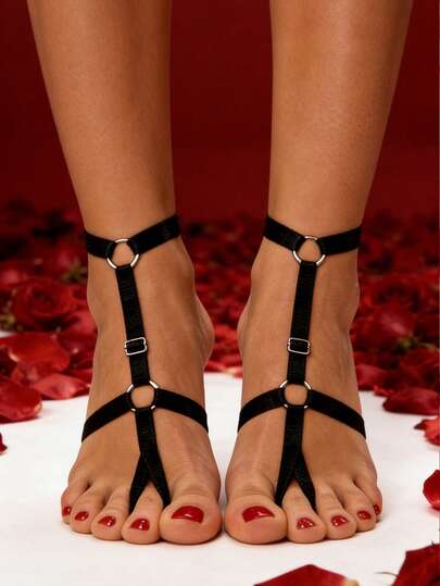 2PCS Sexy Women Black Feet Chain Fashionable Ankle Harness Decorations For Party & Dancing Adjustable Synthetic Cute And Punk Gothic Ankle Loop Strap Valentine's Day