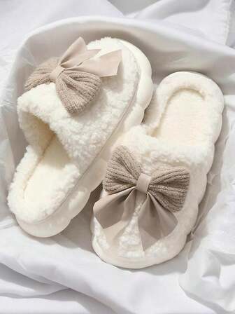 Women's Fluffy Slippers For Autumn/Winter, Comfortable Indoor Home Wear, Quiet, Warm, Cute Bow Design Slippers With Toe Caps, Suitable For Hardwood Floors
