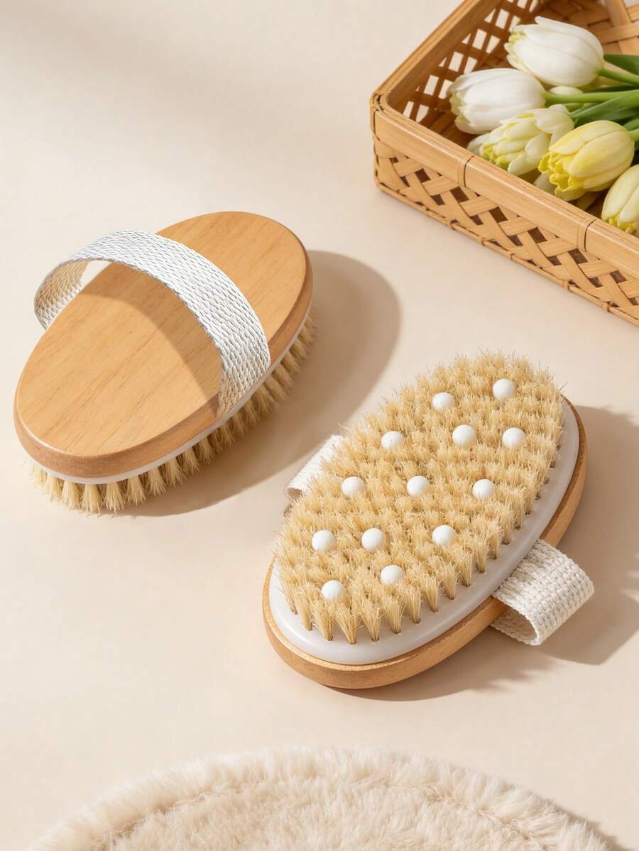 1pc Dry Brushing Body Brush Natural Boar Bristles Exfoliating Body Scrubber Brush Cellulite Bath Brush With Massage Nodules For Dry Skin Improve Circulation Lymphatic Drainage - Multicolor - View 1