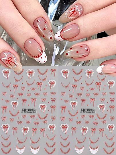 2pcs Red Bow Nail Stickers, French Lace Bow 3D Nail Design, Cute Y2K Style, Valentine's Day & New Year Nail Decor, Self-Adhesive, DIY Nail Salon Accessories