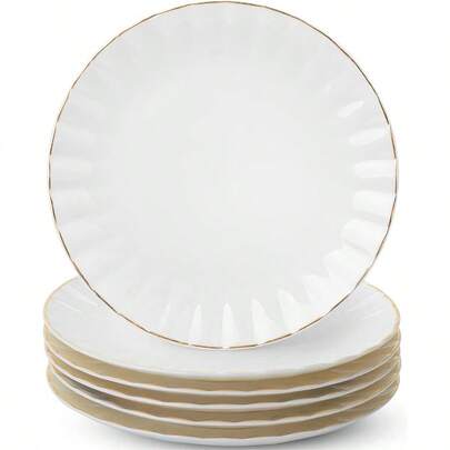 BTaT- White Dessert Plates, Set Of 6, 8 Inch, White Porcelain With Gold Trim, Small Plate, Small Appetizer Plates, Christmas Gifts