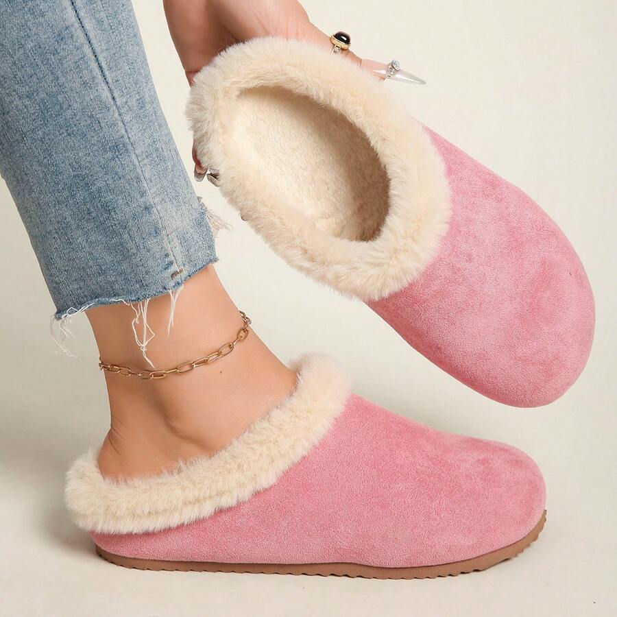 Autumn/Winter Fleece-Lined Closed-Toe Half-Slippers, Two-Way Wear, Soft-Soled, Warm, Slip-On Shoes For Women - 粉色 - 查看 1