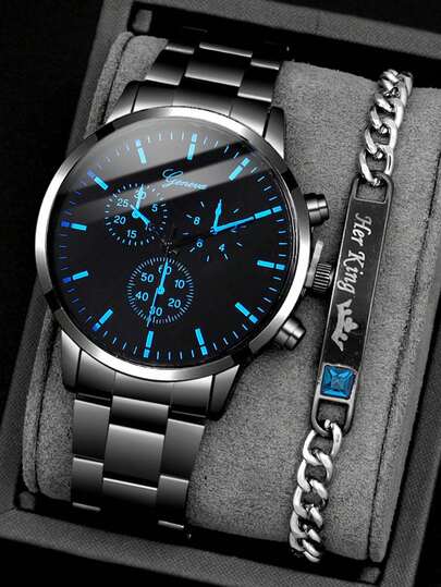 2pcs/Set Fashionable Business Men's Round Black Steel Band Quartz Watch, Paired With Diamond Bracelet Combination Gift Set, Suitable For Holidays, Parties, Business And Daily Wear