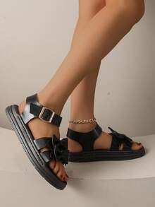 Teenagers' Fashion Flat Stitched Soft Bottom Comfortable Sandals - Black - View 4