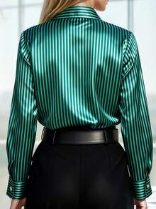 HOMEYEE Women's Fashionable Green Striped Button-Front Long Sleeve Office/Business Commute Shirt - Green - View 2