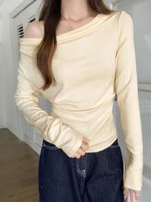1pc Women's Off-Shoulder Ruched Waist Long Sleeve T-Shirt, Slim Fit Layering Top - Apricot - View 4