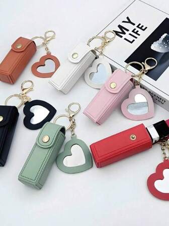 1 Piece Of Solid Color PU Leather Lipstick Holder Bag (With Heart-Shaped Mirror) - Women's Makeup Keychain. Back-To-School Season Lipstick Holder Bag Decorated With Heart-Shaped Mirror, Multicolor Women's Makeup Bag, Heart & Bag Charm Fashion Keychain Pendant, Purse, Wallet, Bag Accessories. Suitable For Parties, Weddings And Dances.