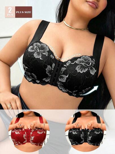 2件装加大码前扣刺绣蕾丝拼接女士文胸，舒适前扣性感女士文胸，日常穿着舒适，纯色无侧边赘肉，女士文胸