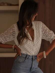 Áo sơ mi nữ SUNSTORY màu trắng mùa hè, 100% cotton, cài cúc, vạt bèo, thích hợp cho văn phòng, trường học, công sở và các dịp khác, phong cách thanh lịch thường ngày, công sở thường nhật. - trắng - Xem 4