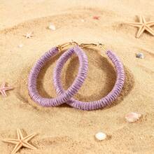 A Pair Bohemian Vacation Earrings, Raffia Wire-Wrapped Hoop Design For Gift Exchange Bold Unique Women Statement Earrings Beach Party Summer All Seasons - 紫色 - 查看 13