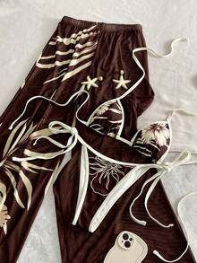 2pcs/Set Women's Summer Beach Bikini Set, Elegant Halter Neck Bikini Set, Floral Print With Contrast Trim Swimsuit, Mesh Beach Pants, Create Casual Beach Style - Brown - View 4
