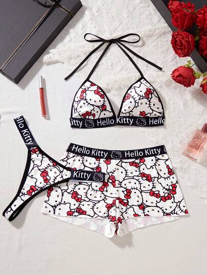 Sanrio 3pcs  Women's Lingerie Set, Black & White Color, Kitty Letter Pattern, Sporty & Sexy Underwear Set