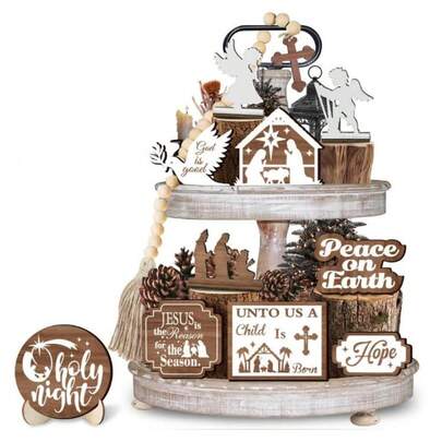 Wooden Tiered Tray Decor Set - Rustic Farmhouse Style Home Tabletop Display, With Nativity Scene, Angels, Manger, And Inspirational Holiday Fireplace Decor (Beads, Tray Not Included, No Electricity Required)
