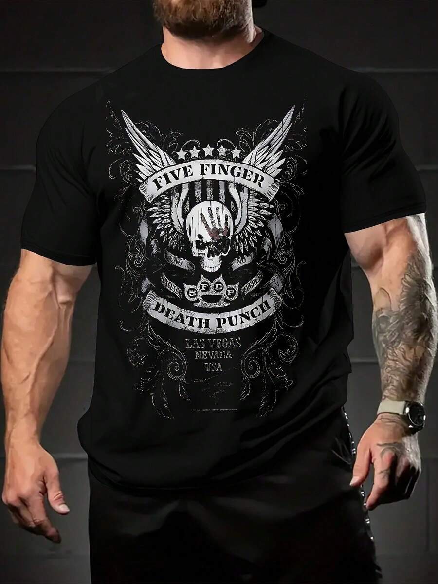 Camiseta de manga corta vintage con estampado gráfico de letras y calaveras, cuello redondo para hombres, uso diario casual de verano y resorts de vacaciones - Negro - Ver 1